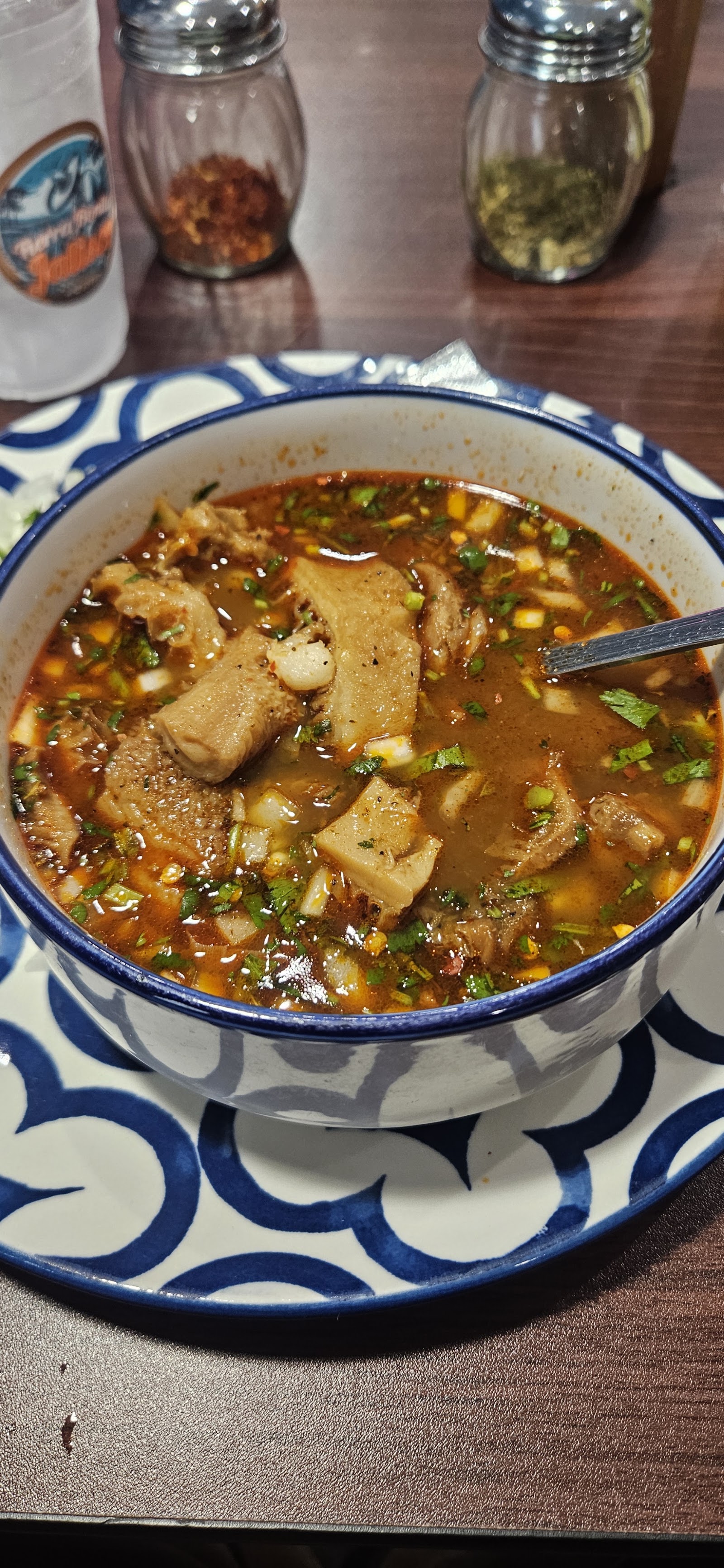 Bowl of consom&eacute; with onion and cilantro