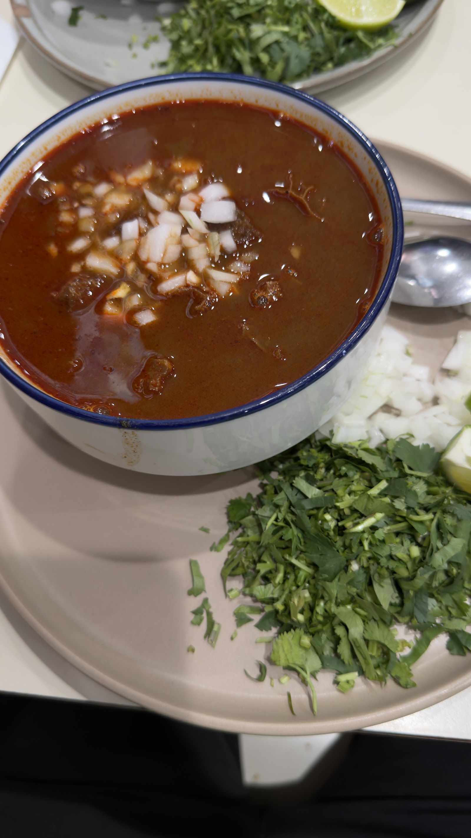 Birria-style consom&eacute; garnished with onion, cilantro, and lime